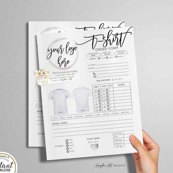 Editable T-SHIRT Order Form Template, Simple Modern Printable Order Form, Add LOGO, T-Shirt Invoice Form, Apparel Order Form
