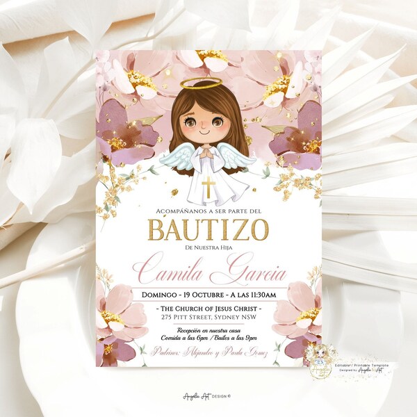 ALMA - Invitación de Bautizo Girl Dusty Pink Gold Invitación De bautizo Niña Floral Baptism Invitation Girl Spanish EDITABLE Para Imprimir
