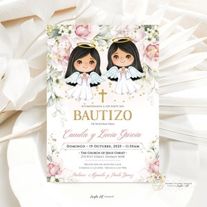 Convite De bautizo Niñas Floral Batismo Convite Meninas Gêmeas Espanhol Rosa Ouro Anjos Bautizo Convite EDITÁVEL Para Imprimir