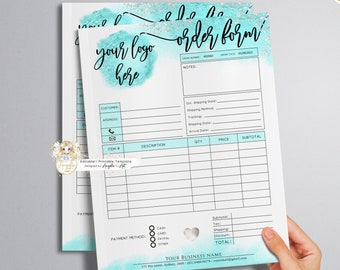AQUA - ORDER Form Template, Aqua Silver Printable Invoice Form, Modern EDITABLE Business Order Form, Aqua Teal Billing Form Template