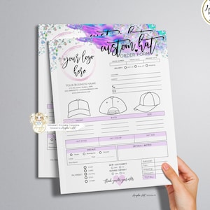 COLIBRI - HAT Order Form Template, Modern Editable Printable Order Form, Add LOGO, Purple Holographic Glitter Cap Invoice Form