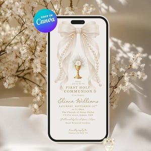 Plantilla de invitación de Primera Comunión con lazos y perlas color marfil, invitación electrónica por mensaje de texto/teléfono, editable en CANVA