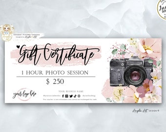 Floral Photography Gift Certificate Template, Rosegold Photography Gift Card, Photo session Gift card, EDITABLE Printable Photo Voucher