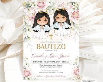 Invitacione De bautizo Niñas Floral Baptism Invitation Twin Girls Spanish Pink Gold Angels Bautizo Invitation EDITABLE Para Imprimir