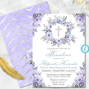 Invitacione de bautizo Niño - Invitacion de bautizo imprimible - Púrpura Plateado Convite de Batismo Espanhol - Convite de Batismo EDITÁVEL