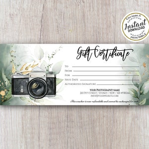 Plantillas de certificados de regalo de fotografía Certificado de regalo imprimible Tarjeta de cupón para sesión de fotos Plantilla de tarjeta de regalo editable Fotografía