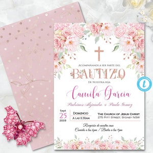 Invitacione bautizo Invitacione De bautizo Niña - Floral Rose Gold Baptism Invitation Girl Spanish - EDITABLE Para Imprimir