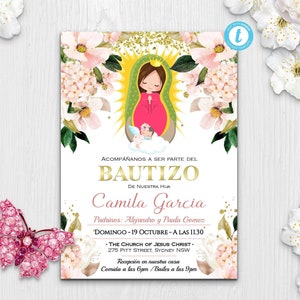 Convites Bautizo, Invitacione De bautizo Niña - Virgen de Guadalupe Convite de Batismo Menina Espanhol - EDITÁVEL - Para Imprimir