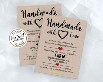 Small Business Handmade With Love Insert Card, Kraft Insert Card Template, Kraft Packaging Insert Card, Size 3x4'' thank you, Editable DIY