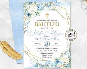 ST PAUL - Bautizo Niño, Invitacione De bautizo Niño - Floral Blue Gold Baptism Invitation Boy Spanish - Editable - Para IMPRIMIR