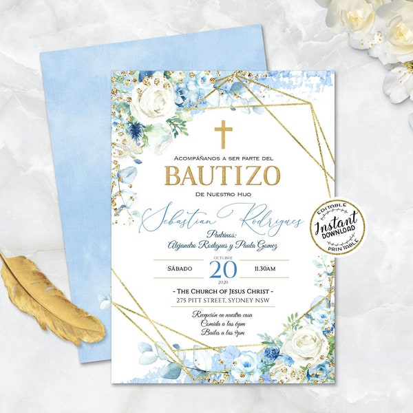 ST PAUL - Bautizo Niño, Invitacione De bautizo Niño - Floral Blue Gold Baptism Invitation Boy Spanish - Editable - Para IMPRIMIR