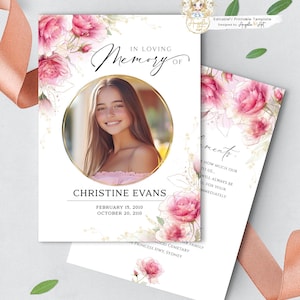 Pink Gold Roses Funeral Program Template EDITABLE Printable Memorial Service Program Template Floral Folded In Loving Memory Order Of Servic