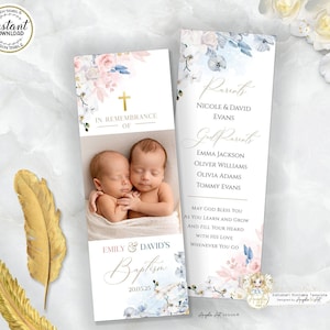 ALEXIS - Blush Blue White Orchid Baptism Bookmark Template, Editable Printable Boy Girl Twins Bookmark Keepsake for Baptism, Baptism Favors