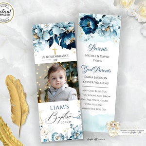 LIAM - Navy Blue Gold Floral Baptism Bookmark Template ADD Your Photo Editable Printable Bookmark Keepsake for Baptism Blue Baptism Favors