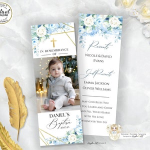 ST PAUL - Blue Gold Floral Baptism Bookmark Template, ADD Your Photo, Editable Printable Bookmark Keepsake for Baptism, Baptism Favors