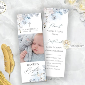 Blue White Orchid Baptism Bookmark Template ADD YOUR PHOTO Editable Printable Bookmark Keepsake for Baptism Baptism Favors, OR05