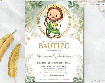 San Judas Invitación Bautizo Greenery Gold Invitacion Bautizo imprimible Spanish Baptism Verde Dorado EDITABLE San Judas Bautizo Niño Niña