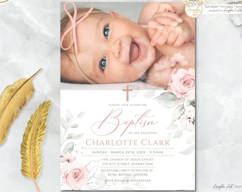 DELICATE - Girl Baptism Invitation Template with Photo, Blush Pink Green Floral Baptism EDITABLE Printable