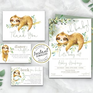 Sloth Baby Shower Invitation Set, Printable Gender Neutral Sloth Bundle, EDITABLE Sloth Template, INSTANT DOWNLOAD - SL020