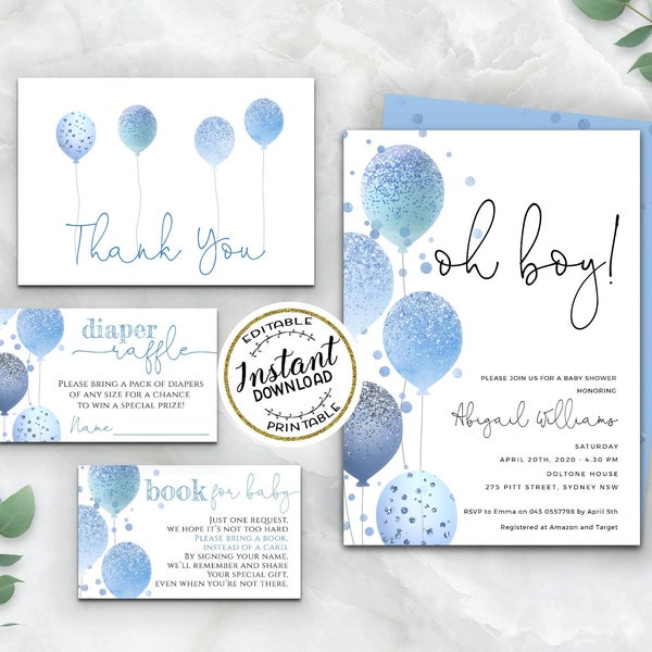 Baby Shower Boy Invitation Set Editable Printable Baby Boy Shower Bundle Balloons Invitation set Template INSTANT DOWNLOAD | BN077
