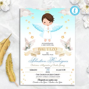 Invitaciones Bautizo Niño - Invitacion de bautizo imprimible - Angelic Baptism Invitation Boy Spanish - EDITABLE