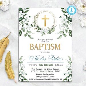 Greenery Baptism Invitation, Boy Baptism Invitation,Gold Green Baptism Template, EDITABLE Baptism Invite