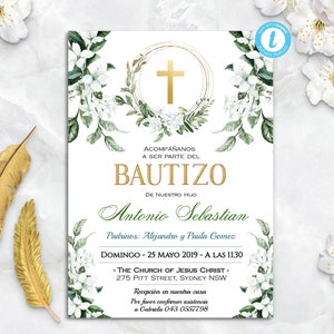 Bautizo Invitation | Bautizo Niño, Invitacione De bautizo Niña - Floral Greenery Baptism Invitation Boy Spanish - EDITABLE - Para IMPRIMIR