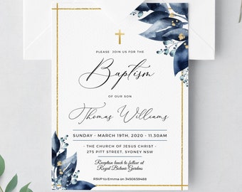 ST PETER - Blue Gold Baptism Invitation Template, Boy Baptism Invitation, Christening Template, EDITABLE Baptism Invite, Printable Baptism