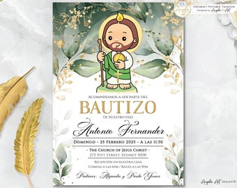May include: A green and gold baptism invitation with a cartoon illustration of a boy holding a cross. The text reads "Acompañanos a ser parte del Bautizo de nuestro hijo Antonio Fernander Domingo 25 Febrero 2025 - A las 11:30 The Church of Jesus Christ - 275 Pitt Street, Sydney NSW Recepción en nuestra casa Comida a las 6pm/Bailes a las 9pm Padrinos: Alejandra y Paula Yomer"