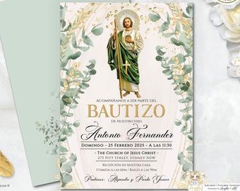 LEVI - San Judas Invitación Bautizo Greenery Gold Invitacion de Bautizo imprimible Spanish Baptism EDITABLE San Judas Bautizo Niño Niña