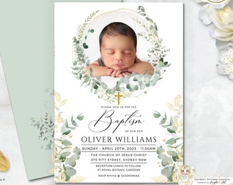 LEVI - Eucalyptus Greenery Gold Baptism PHOTO Invitation Template Editable Boy Girl Baptism Invitation Greenery Christening Printable Invite