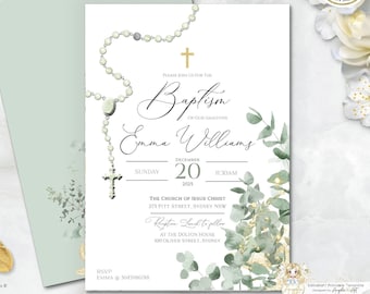 May include: A baptism invitation with a green and gold floral design. The invitation features a rosary with a cross and the text "Please join us for the Baptism of our daughter Emma Williams. Sunday, December 20, 2025, 11:30 AM. The Church of Jesus Christ, 275 Pitt Street, Sydney NSW. Reception Lunch to follow at The Dolton House, 100 Oliver Street, Sydney. RSVP Emma @ 3045986788"