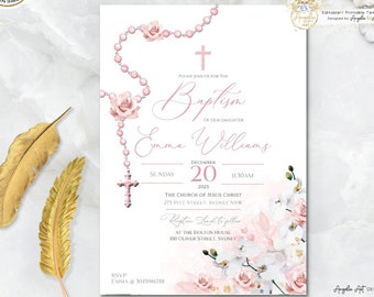 MIA - Blush Pink Rosenkranz Orchidee Mädchen Taufe Einladung Vorlage Mädchen Taufe Einladung Taufe einladen EDITIERBARE druckbare Taufe einladen