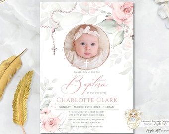 DELICATE - Baptism Invitation Girl Template with Photo, Rosary Girl Baptism Christening Invite, Blush Pink Floral Baptism EDITABLE Printable