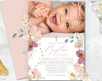 ALMA - Girl Baptism Invitation Template with Photo, Baptism Christening Girl Invite, EDITABLE Printable Blush Dusty Pink Floral Baptism