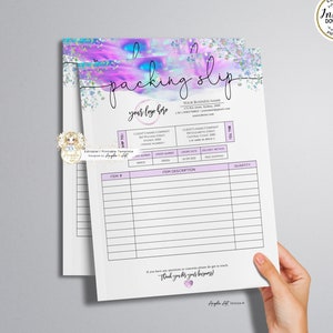 May include: A printable packing slip template with a watercolor background in shades of purple, blue, and pink with glitter accents. The template includes fields for client name, company, address, order number, delivery date, delivery method, item description, and quantity.