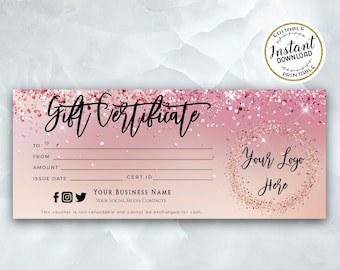 GLAM - RoseGold Glitter Gift Certificate Template Modern Glam Printable Gift Card Editable Gift Voucher ADD Your LOGO Gift Card