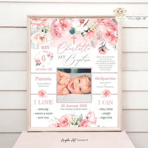 BELLE - Floral Blush Pink Baptism Chalkboard Sign, Pink Green Baptism Gift Girl, Printable Baptism Decoration EDITABLE Baptism Milestone