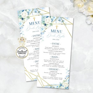 ST PAUL - Blue Gold Baptism Menu Template, Editable Baptism Menu Printable Menu For Wedding, Shower, Dinner, Brunch Printable Menu