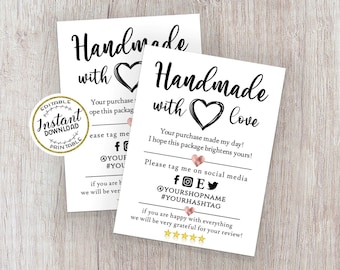 Modern Handmade with Love Template • Thank You For Your Order • Printable Insert Card • Small Business Insert card • EDITABLE