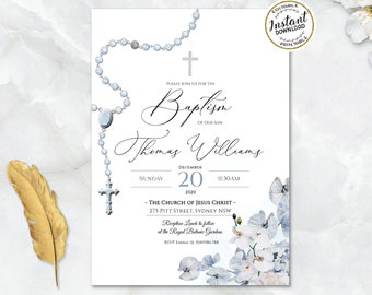 Blue Rosary Orchid Boy Baptism Invitation Template, Boy Baptism Invitation, Blue Christening Invite EDITABLE Printable Baptism Invite, OR05