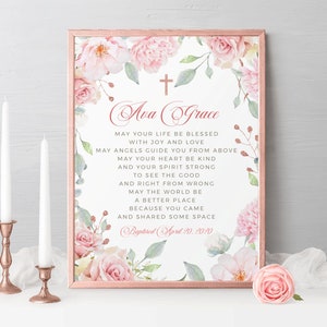 Blush Pink Baptism Blessing Sign, Greenery Pink Floral Baptism Blessing Printable, EDITABLE Baptism Gift for Girl, Prayer