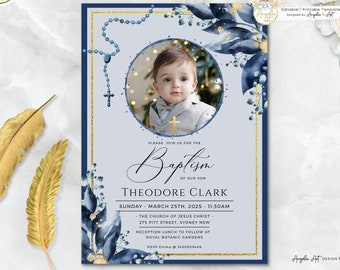 ST PETER - Navy Blue Gold Baptism PHOTO Invitation Template, Editable Boy Navy Baptism Invitation, Rosary Christening Printable