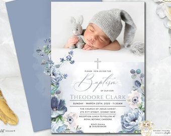 Dusty Blue Baptism PHOTO Invitation Template - Editable Printable Floral Boy Baptism Invitation - Dusty Blue Christening Invitation Template