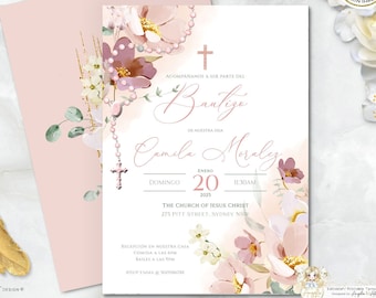 ALMA - Bautizo Invitation, Dusty Pink Rosario Invitacione De bautizo Niña, Floral Baptism Invitation Girl Spanish EDITABLE Para Imprimir