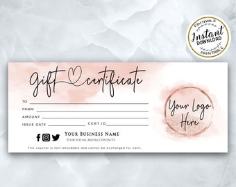 ADD Your LOGO Gift Certificate Template - Modern Rosegold Printable Gift Card - Peach Coral Editable Gift Voucher - Blush Voucher