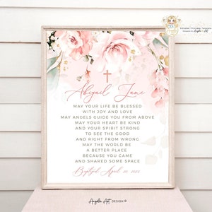 AVA - Segno di benedizione del battesimo rosa cipria, benedizione del battesimo floreale rosa verde stampabile, modificabile regalo di battesimo per segno di preghiera della ragazza