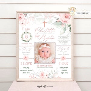 DELICATE - Blush Baptism Chalkboard Sign, Pink Green Baptism Gift Girl, Printable Baptism Decoration, EDITABLE Baptism Milestone Sign