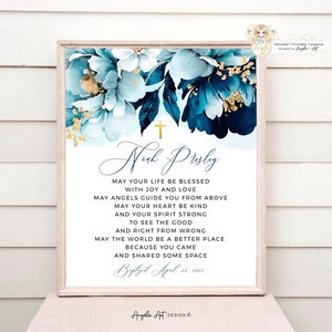 LIAM - Floral Baptism Prayer Blessing Sign Template, Navy Blue Gold Baptism Blessing Sign Printable, EDITABLE Baptism Gift for Boy