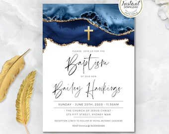 Deep BLUE and GOLD Baptism Invitation - Boy Baptism Invitation Template - Printable Christening - EDITABLE Baptism Invite - BGL07